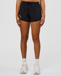 Woman wearing Accelerate 3" High-Rise Running Short - Black-Radiate | Model:Rosie | Size:S | Thumbnail Index: 6