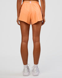 Woman wearing Accelerate 3" High-Rise Running Short - Cantaloupe-Marshmallow | Set:true | Angle:back | Model:Ruby | Size:S | Thumbnail Index: 3