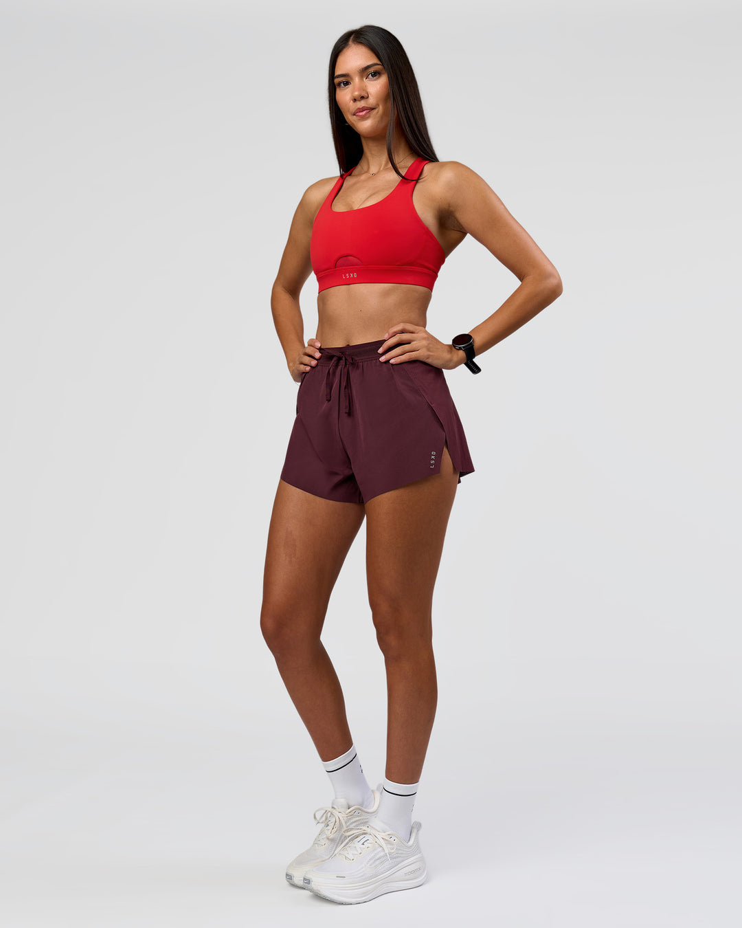 Woman wearing Accelerate 3" High-Rise Running Short - Cherry Lacquer | Model:Rhiley | Size:S - view 5