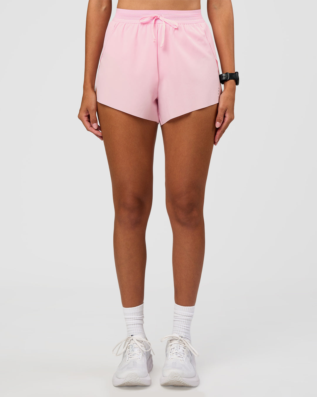 Woman wearing Accelerate 3" High-Rise Running Short - Marshmallow | Set:true | Angle:front | Model:Rhiley | Size:S - view 7