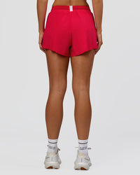 Woman wearing Accelerate 3" High-Rise Running Short - Scarlet-Marshmallow | Set:true | Angle:back | Model:Amity | Size:S | Thumbnail Index: 4