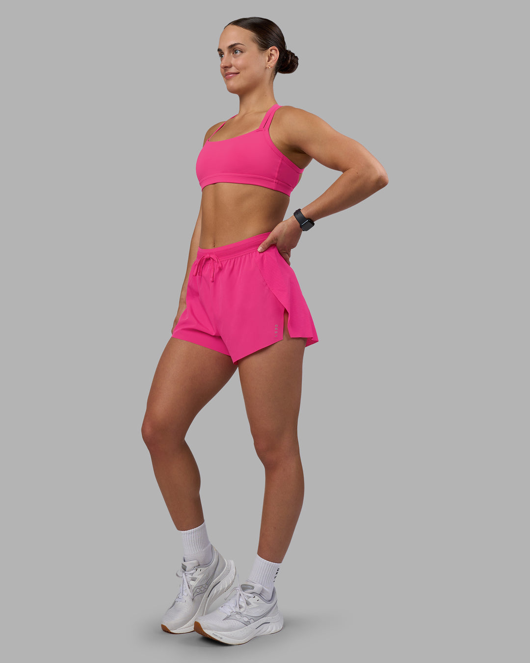 Woman wearing Accelerate 3" High-Rise Running Short - Ultra Pink | Model:Keisha | Size:S - view 11