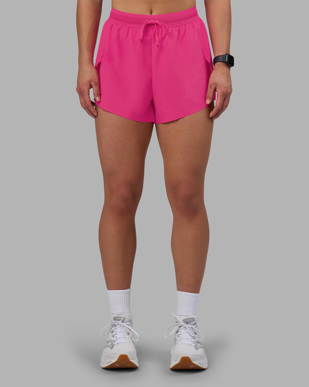 Woman wearing Accelerate 3" High-Rise Running Short - Ultra Pink | Set:true | Angle:front | Model:Keisha | Size:S - view 2