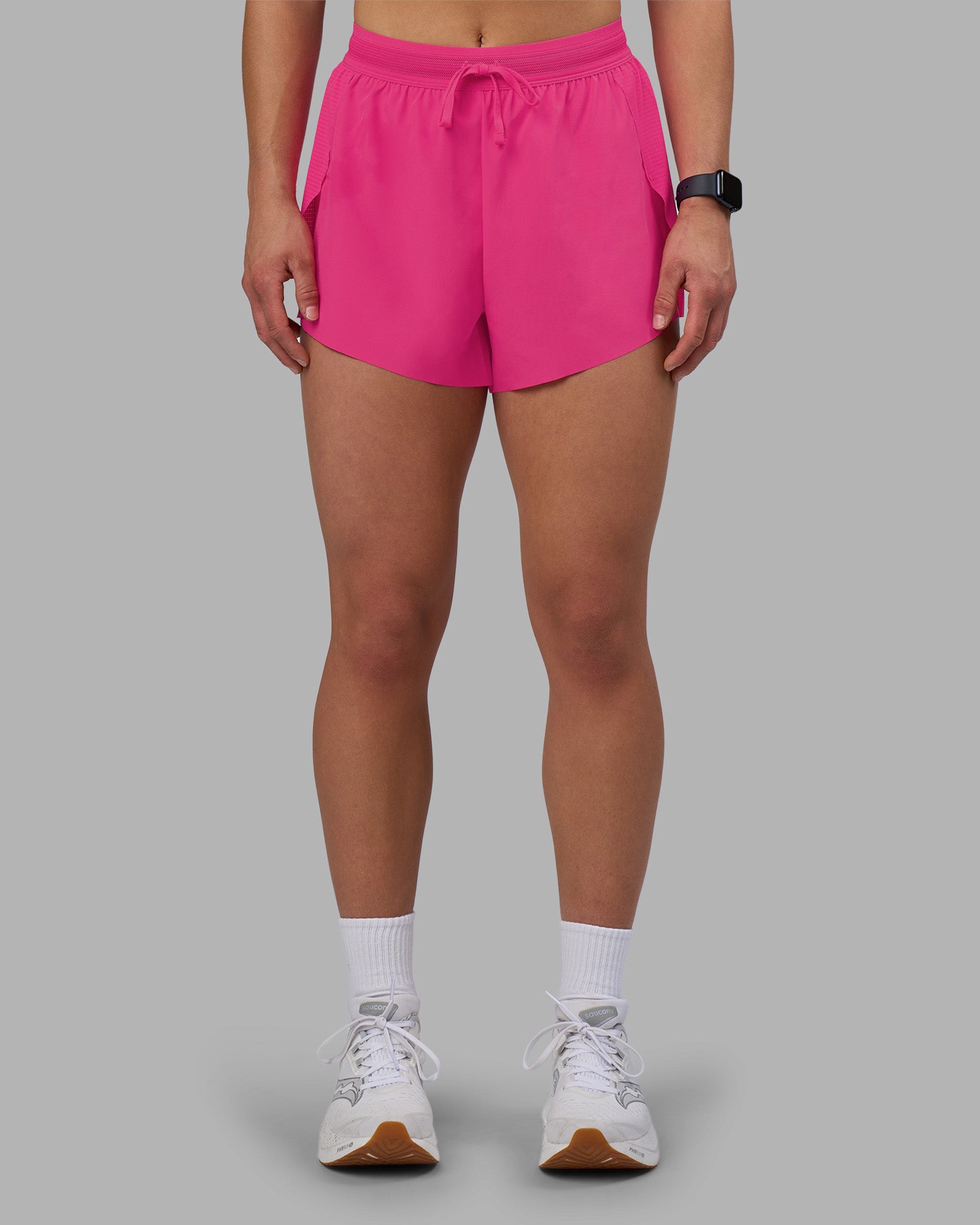 Woman wearing Accelerate 3" High-Rise Running Short - Ultra Pink | Set:true | Angle:front | Model:Keisha | Size:S