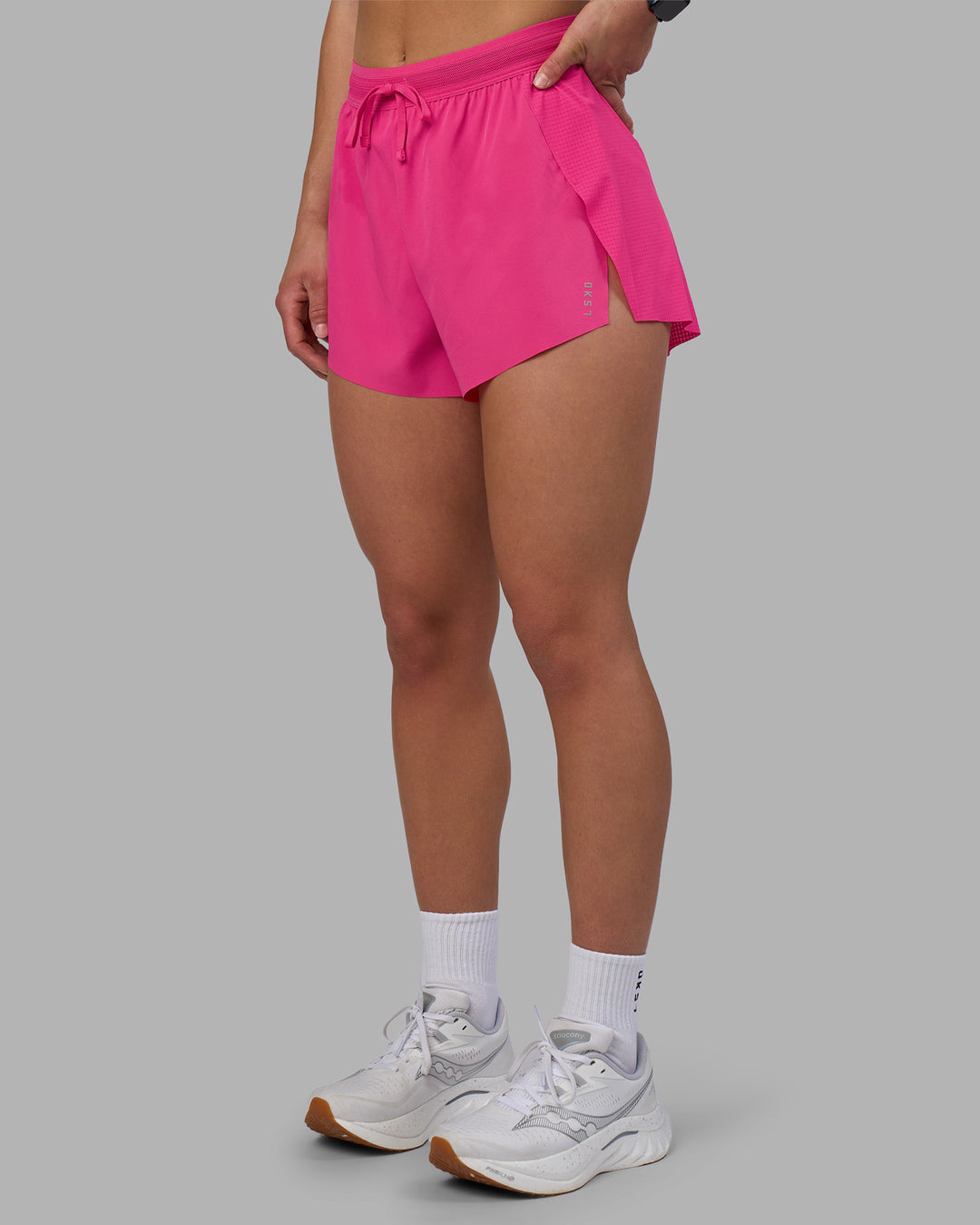 Woman wearing Accelerate 3" High-Rise Running Short - Ultra Pink | Model:Keisha | Size:S - view 12