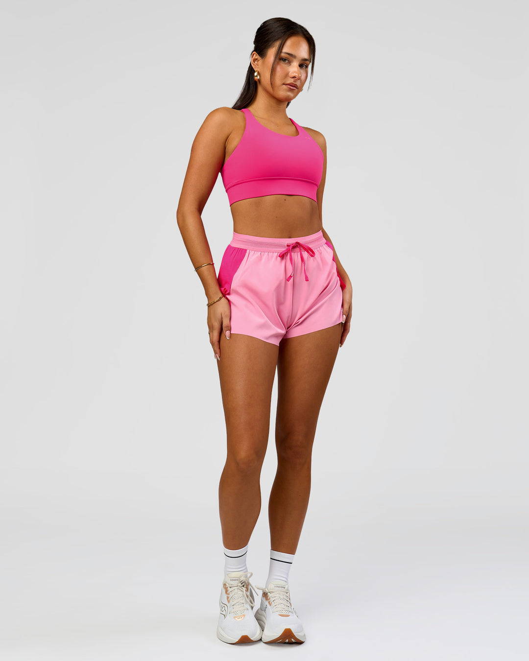 Woman wearing Accelerate 3" High-Rise Running Short - Ultra Pink-Candy Pink | Model:Bianca | Size:S - view 4