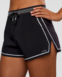 Woman wearing Accelerate 3" Reflective High-Rise Running Short - Black-Reflective | Set:true | Angle:closeup | Model:Rosie | Size:S | Thumbnail Index: 4