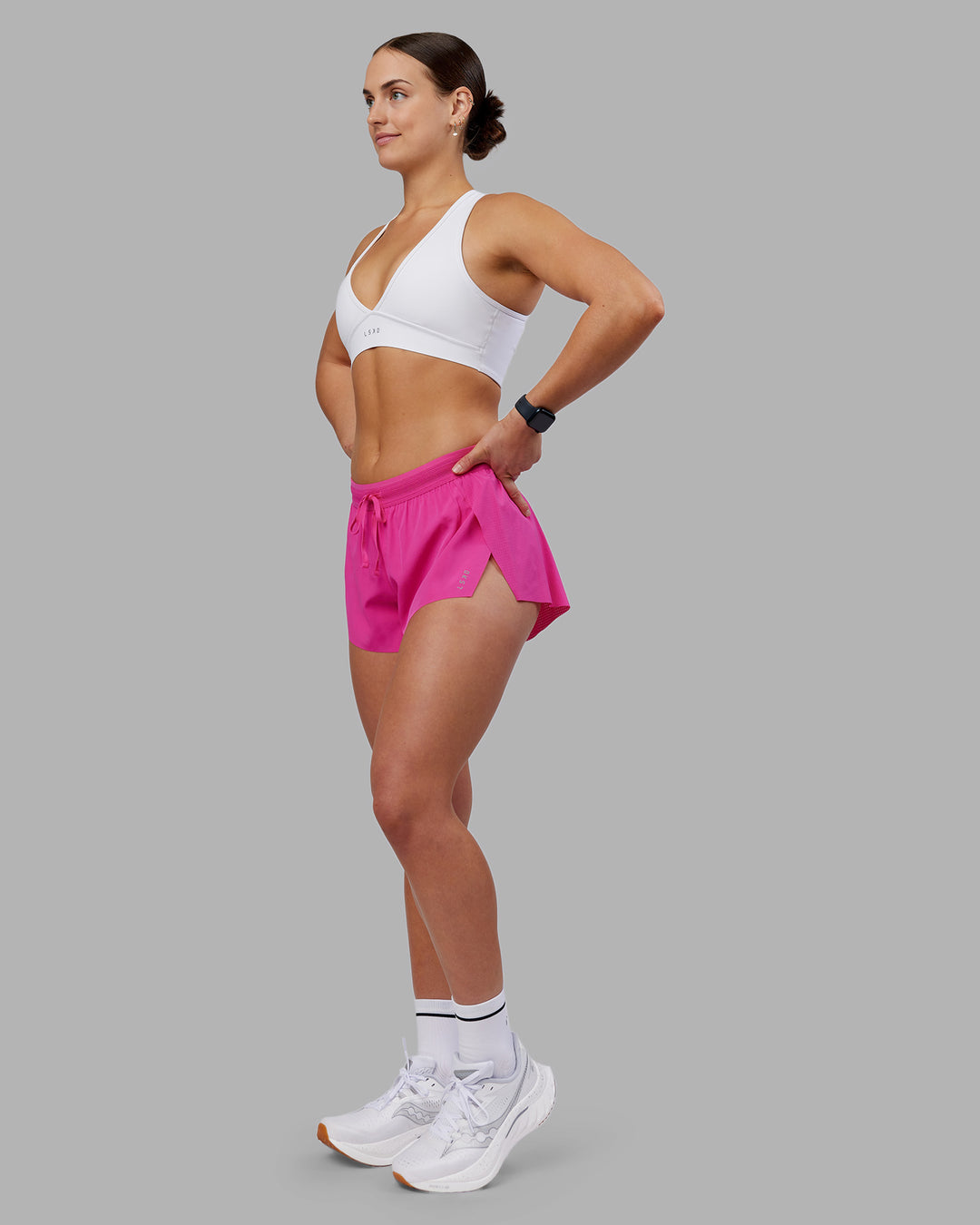 Woman wearing Accelerate 3" Running Short - Ultra Pink | Model:Keisha | Size:S - view 5