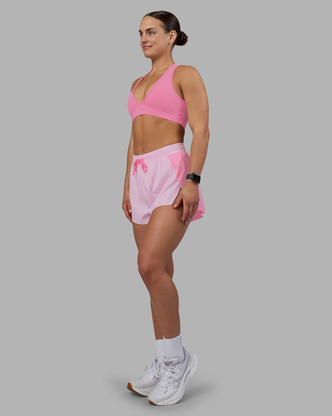 Woman wearing Accelerate 3" High-Rise Running Short - Candy Pink-Marshmallow | Model:Keisha | Size:S - view 6