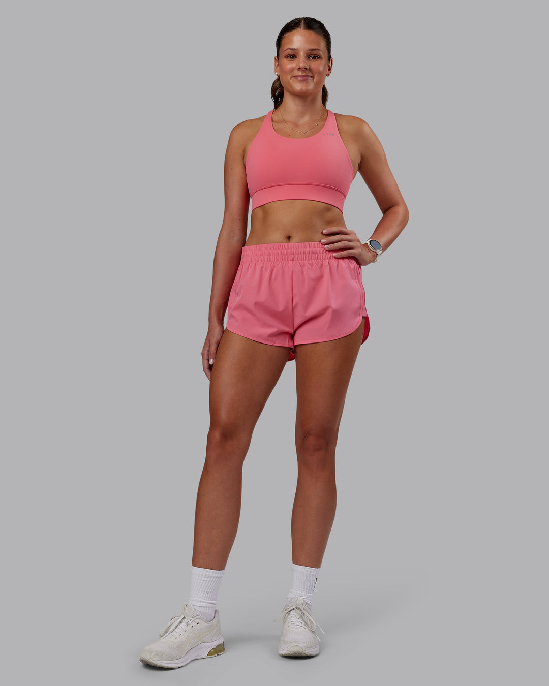 Woman wearing Accelerate Sports Bra - Pink Lemonade | Model:Phoebe | Size:S - view 5