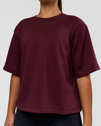Woman wearing AfterDark ZeroCrease Cropped Tee - Cherry Lacquer | Model:Sophia | Size:S | Thumbnail Index: 6