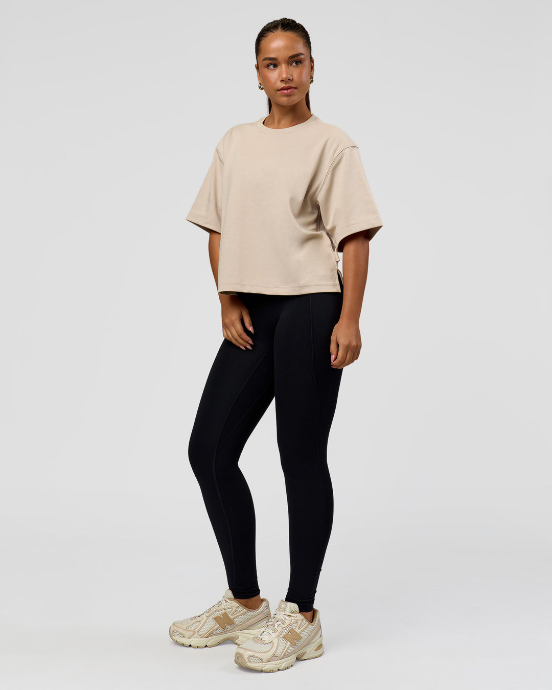 Woman wearing AfterDark ZeroCrease Cropped Tee - Shale Beige | Model:Sophia | Size:S - view 8