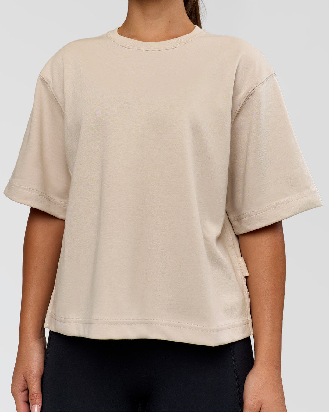 Woman wearing AfterDark ZeroCrease Cropped Tee - Shale Beige | Model:Sophia | Size:S - view 7