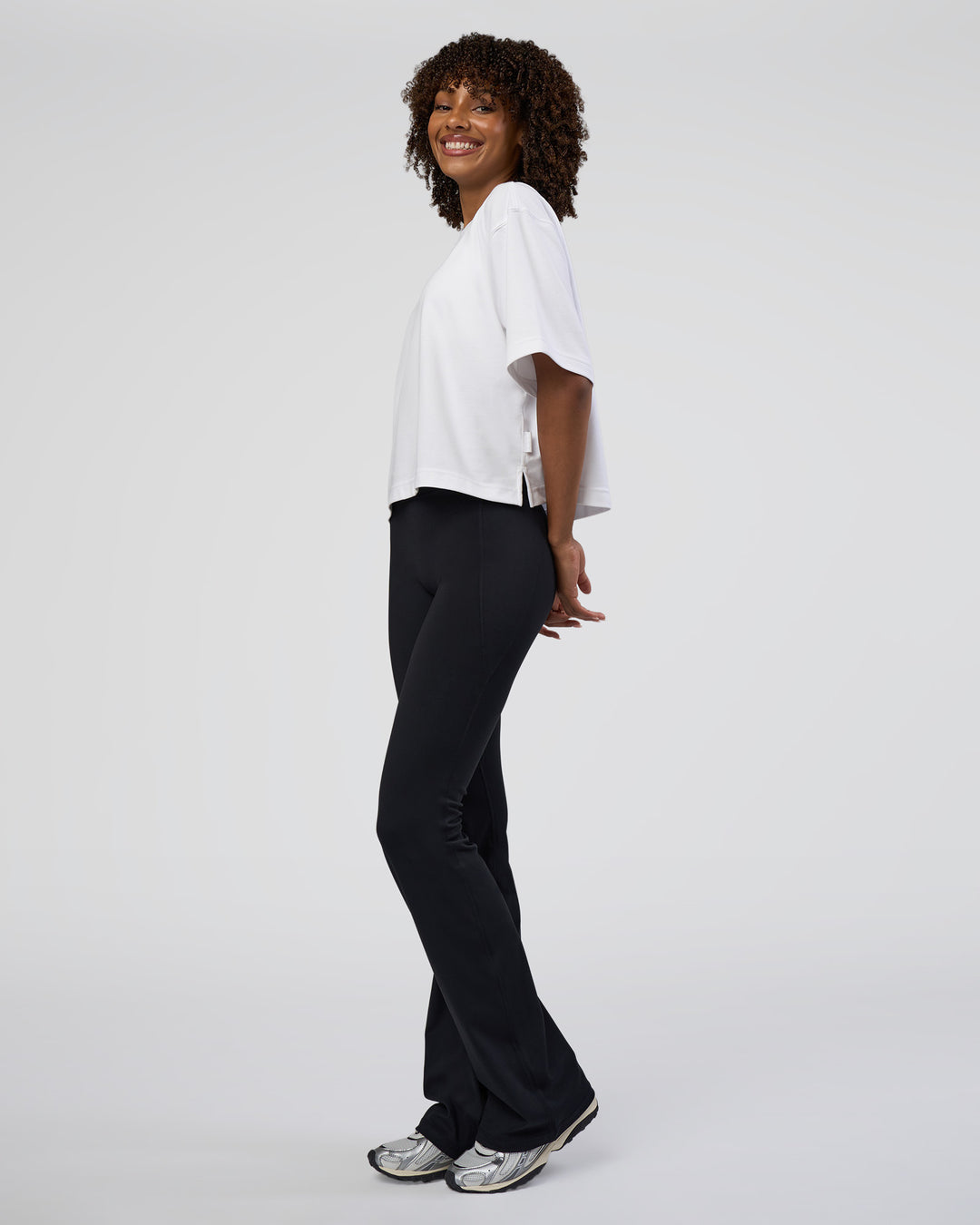 Woman wearing AfterDark ZeroCrease Cropped Tee - White | Model:Tomi | Size:S - view 3