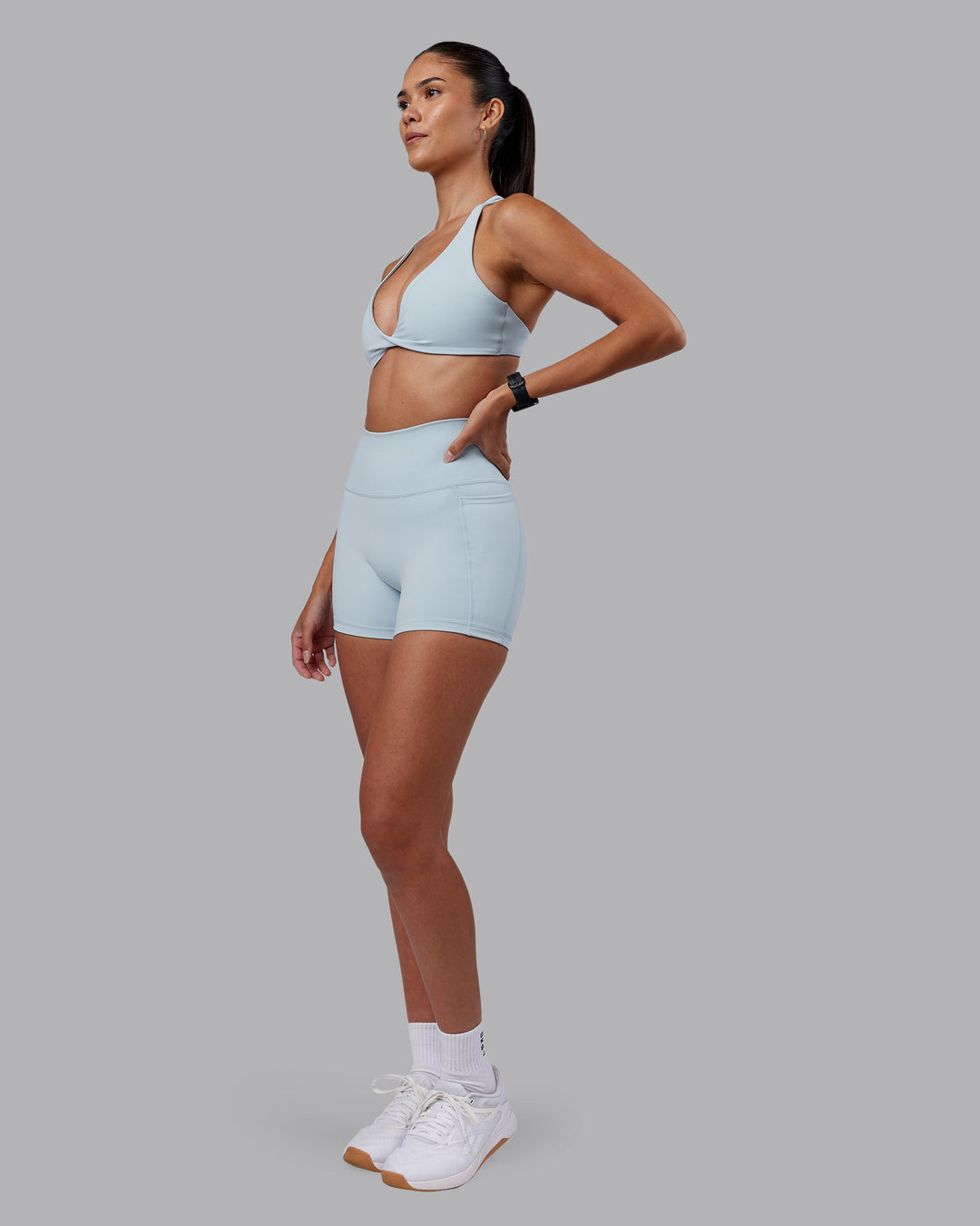 Woman wearing Agile Sports Bra - Skyride | Model:Rhiley | Size:S - view 5