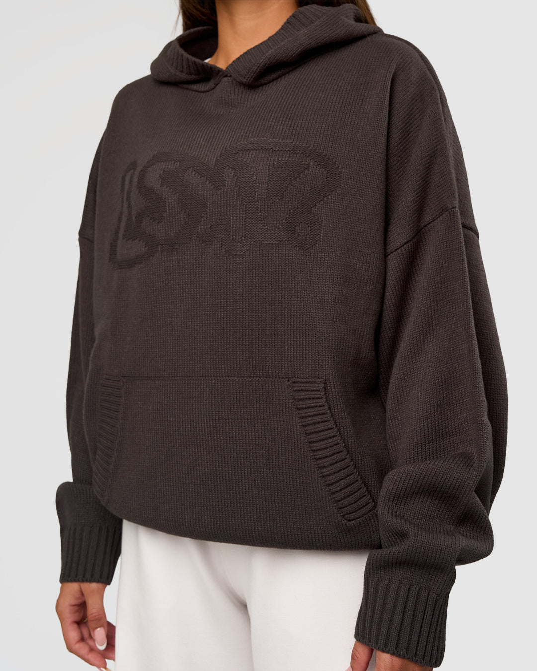 Woman wearing All Day Active Knitted Hoodie - Dark Storm | Model:Bianca | Size:S - view 6