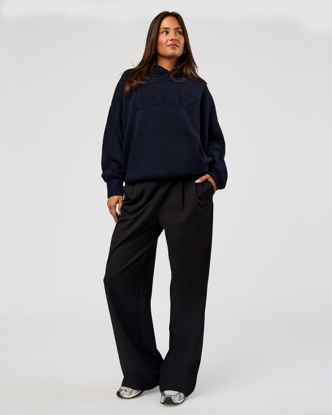 Woman wearing All Day Active Knitted Hoodie - Future Navy | Model:Bianca | Size:S - view 7