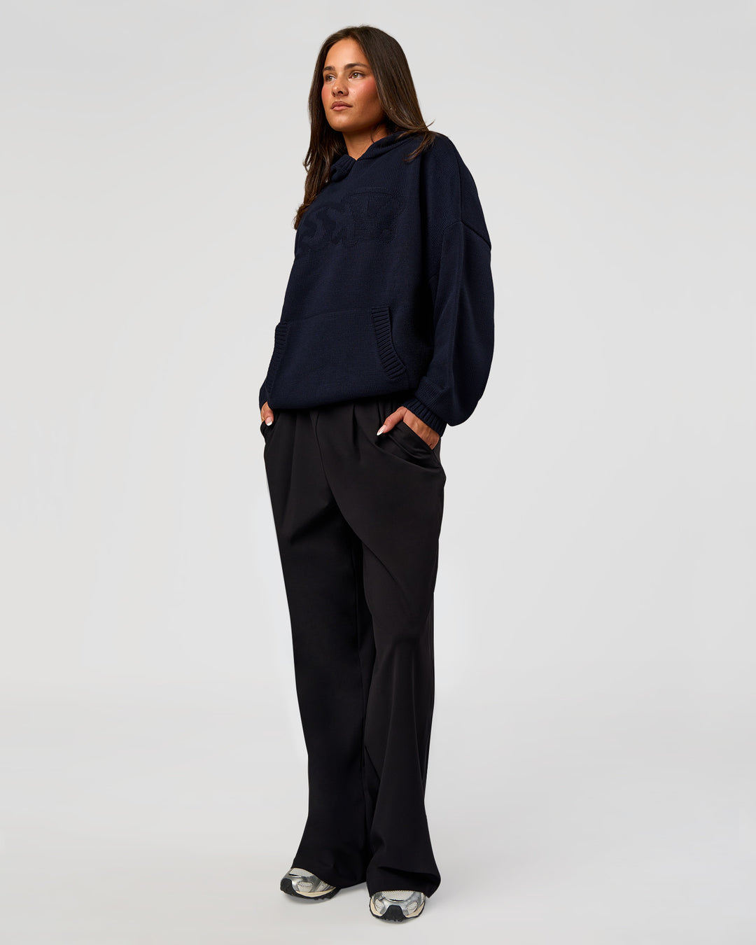 Woman wearing All Day Active Knitted Hoodie - Future Navy | Model:Bianca | Size:S - view 5