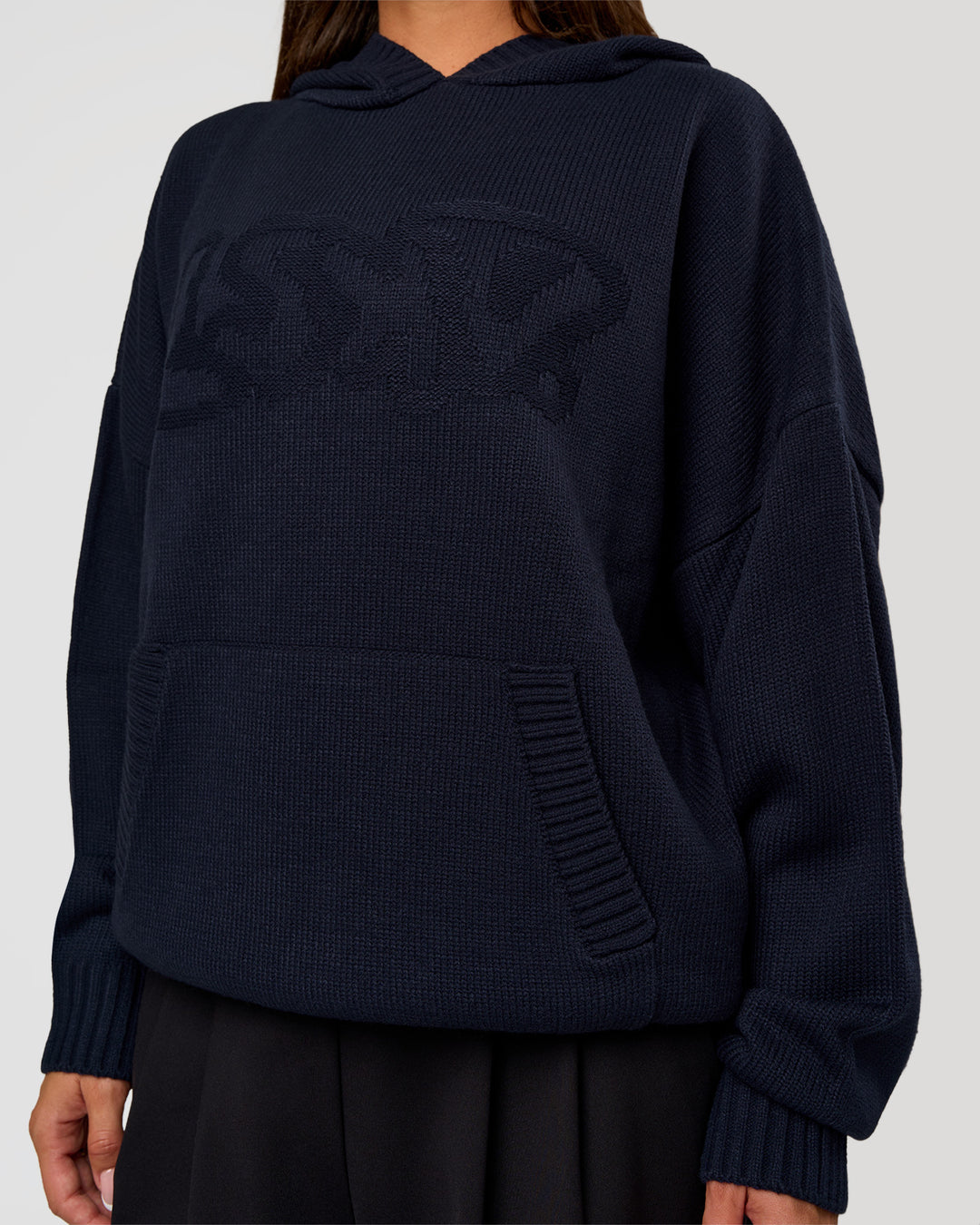 Woman wearing All Day Active Knitted Hoodie - Future Navy | Model:Bianca | Size:S - view 6