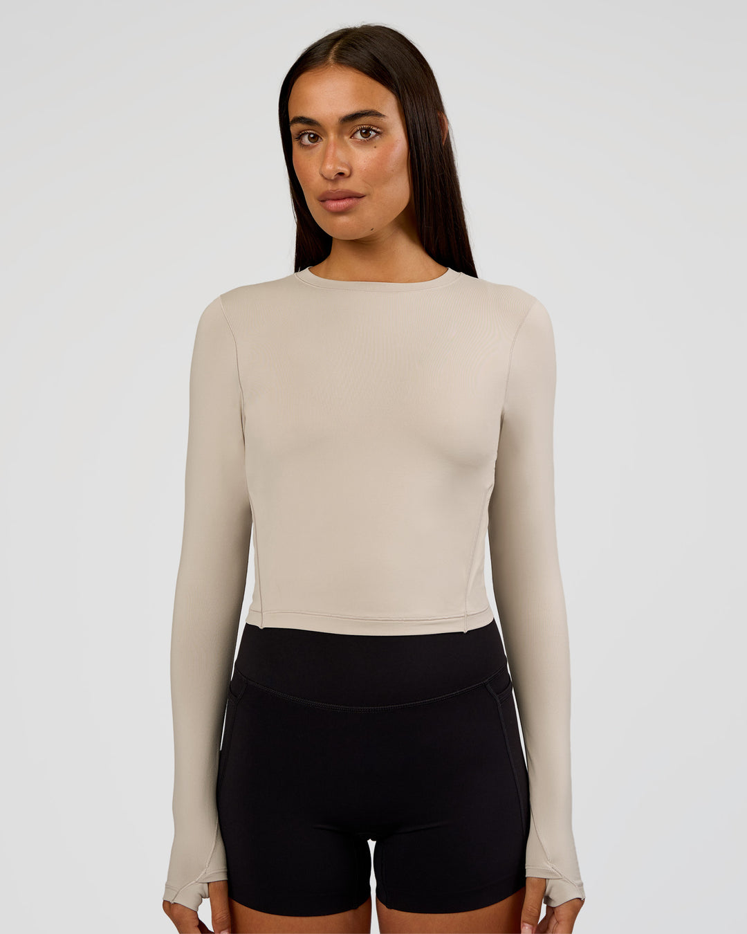 Woman wearing All Day Long Sleeve Tee - Shale Beige | Model:Ruby | Size:S - view 1