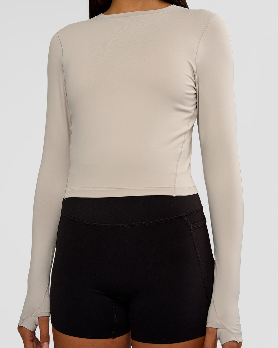 Woman wearing All Day Long Sleeve Tee - Shale Beige | Model:Ruby | Size:S - view 5