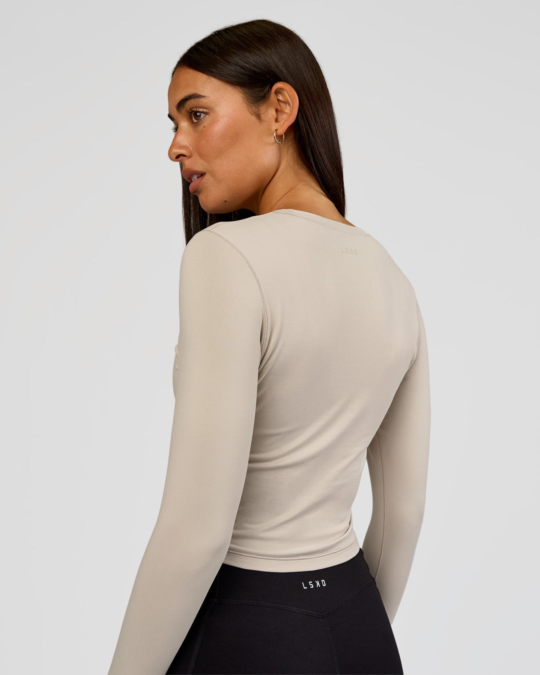 Woman wearing All Day Long Sleeve Tee - Shale Beige | Model:Ruby | Size:S - view 4