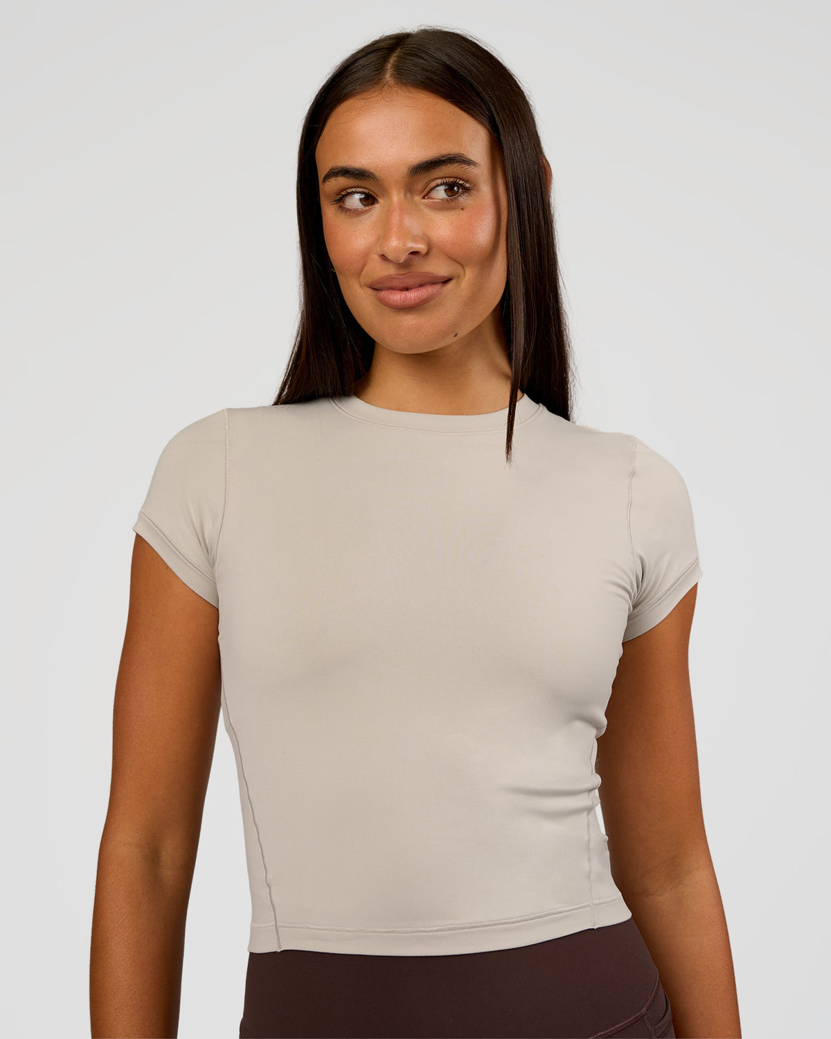 Woman wearing All Day Short Sleeve Tee - Shale Beige | Model:Ruby | Size:S