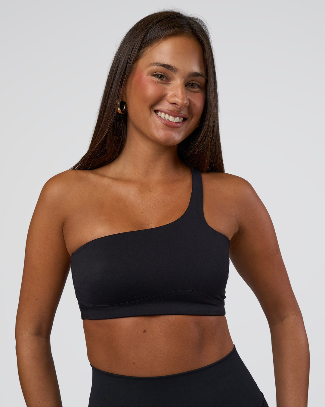 Woman wearing Angle Sports Bra - Black | Model:Bianca | Size:S - view 1