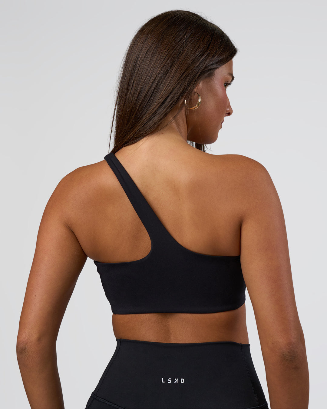 Woman wearing Angle Sports Bra - Black | Model:Bianca | Size:S - view 2