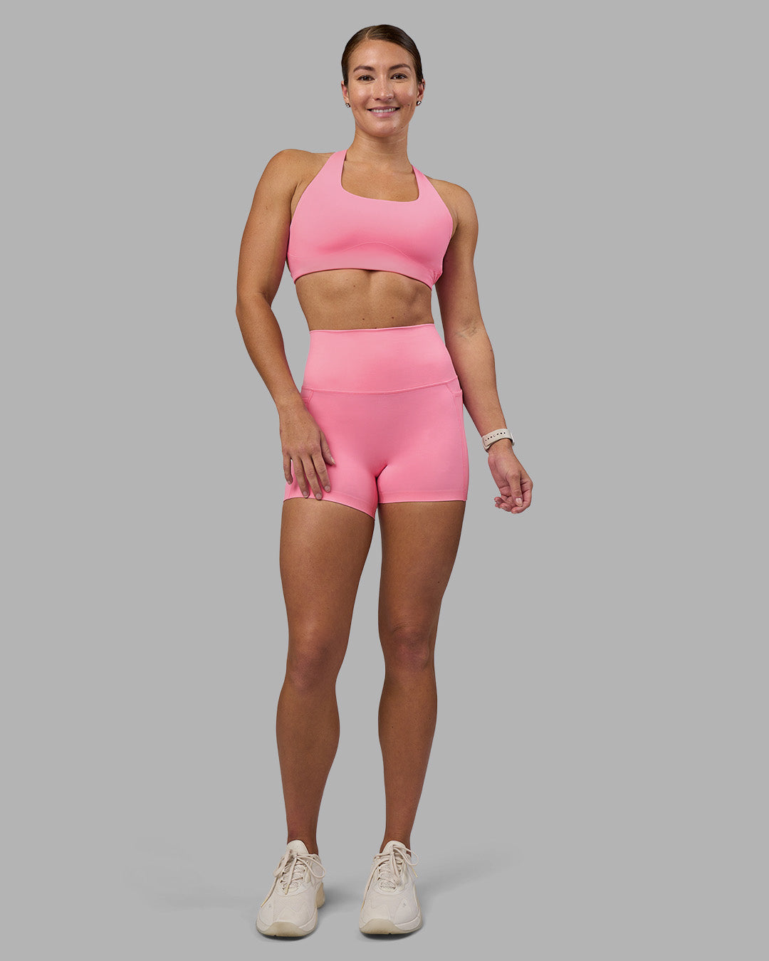 Woman wearing Aspire Sports Bra - Candy Pink | Model:Hannah | Size:S - view 5