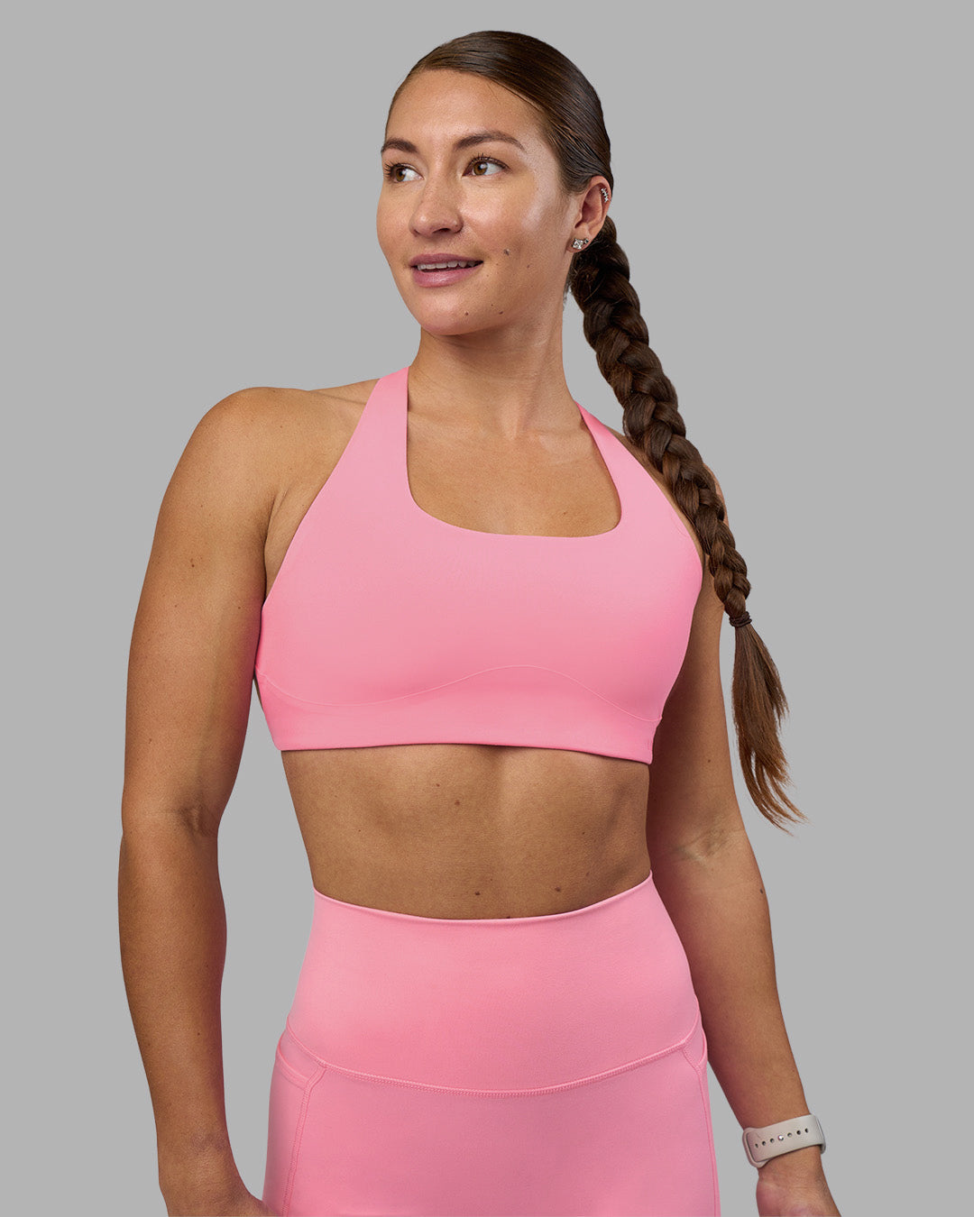 Woman wearing Aspire Sports Bra - Candy Pink | Model:Hannah | Size:S - view 3