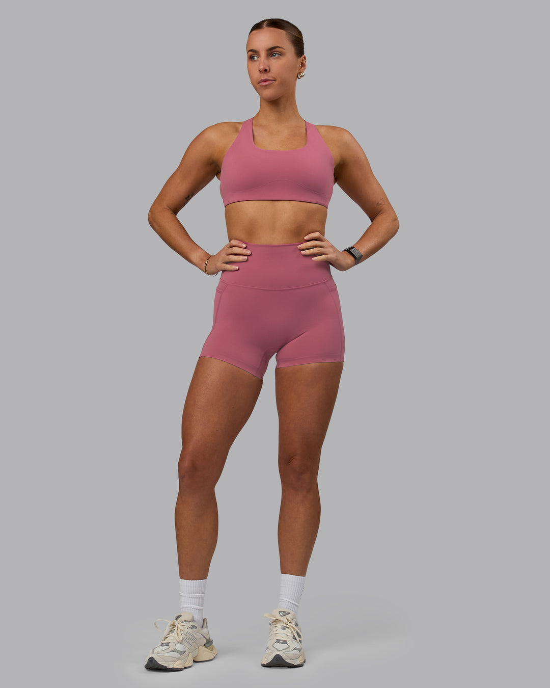 Woman wearing Aspire Sports Bra - Mauve Haze - view 7