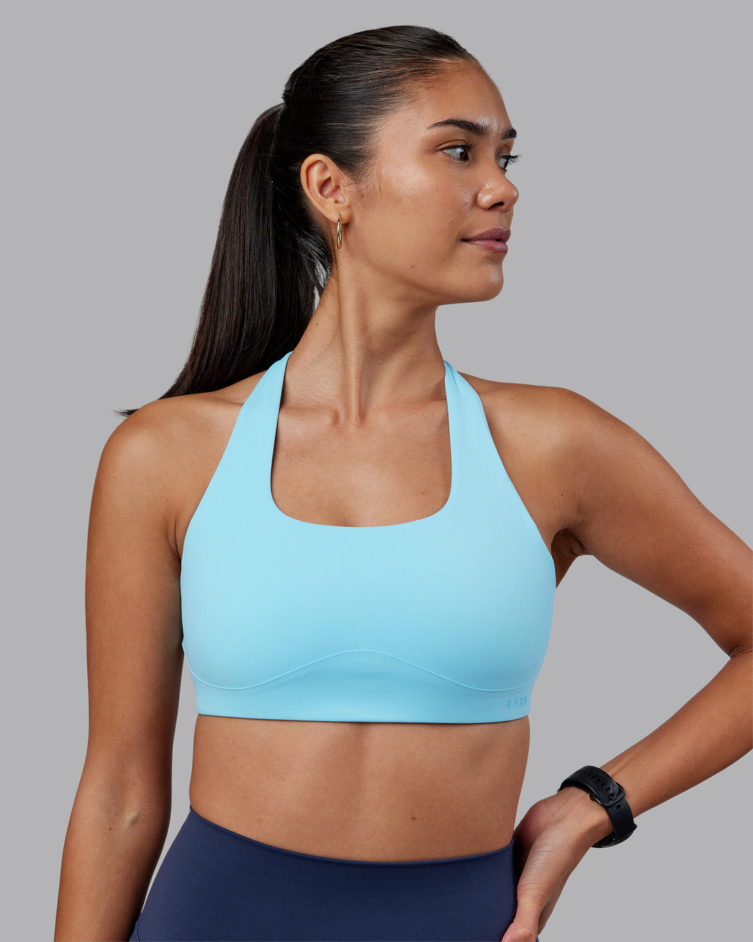 Woman wearing Aspire Sports Bra - Sky Blue | Model:Rhiley | Size:S - view 2