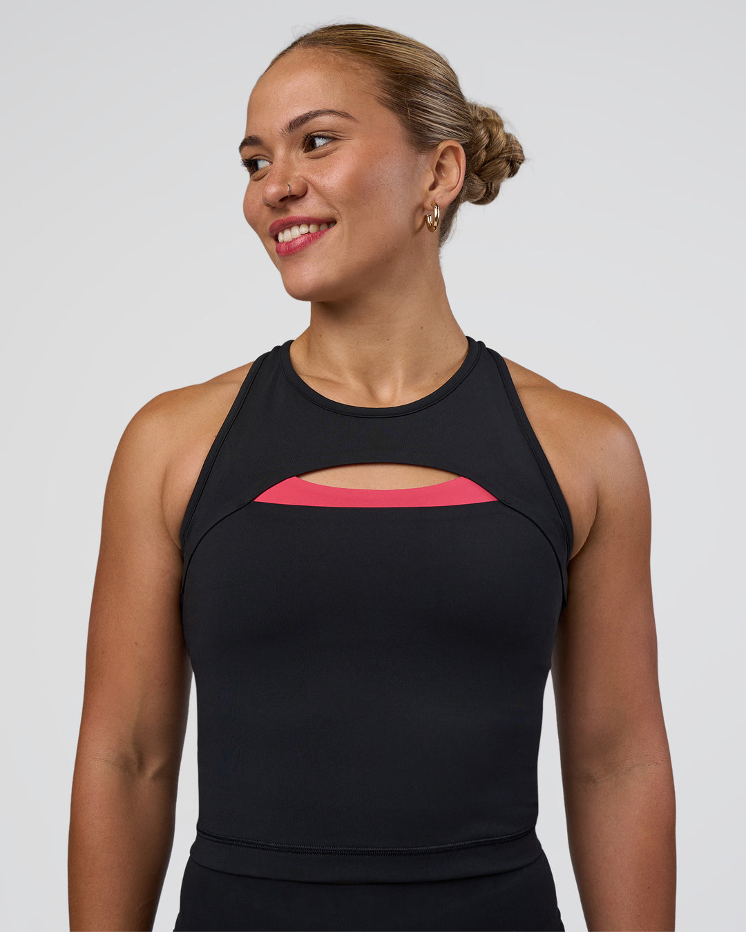 Woman wearing Be Bold Performance Tank - Black | Model:Tenaya | Size:S - view 1