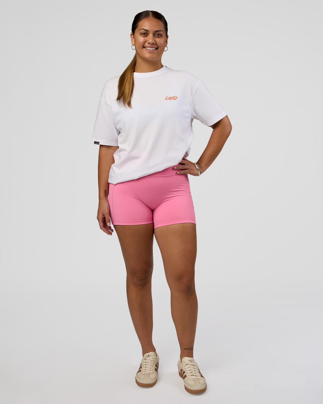 Woman wearing Break Through FLXCotton Oversized Tee - White-Pale Lilac | Model:Renee | Size:S - view 7