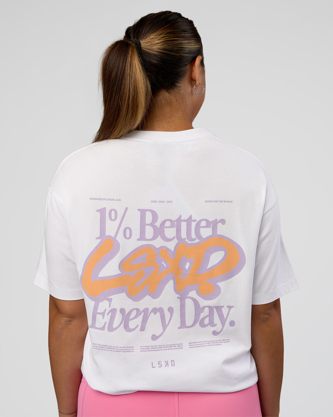 Woman wearing Break Through FLXCotton Oversized Tee - White-Pale Lilac | Model:Renee | Size:S - view 4