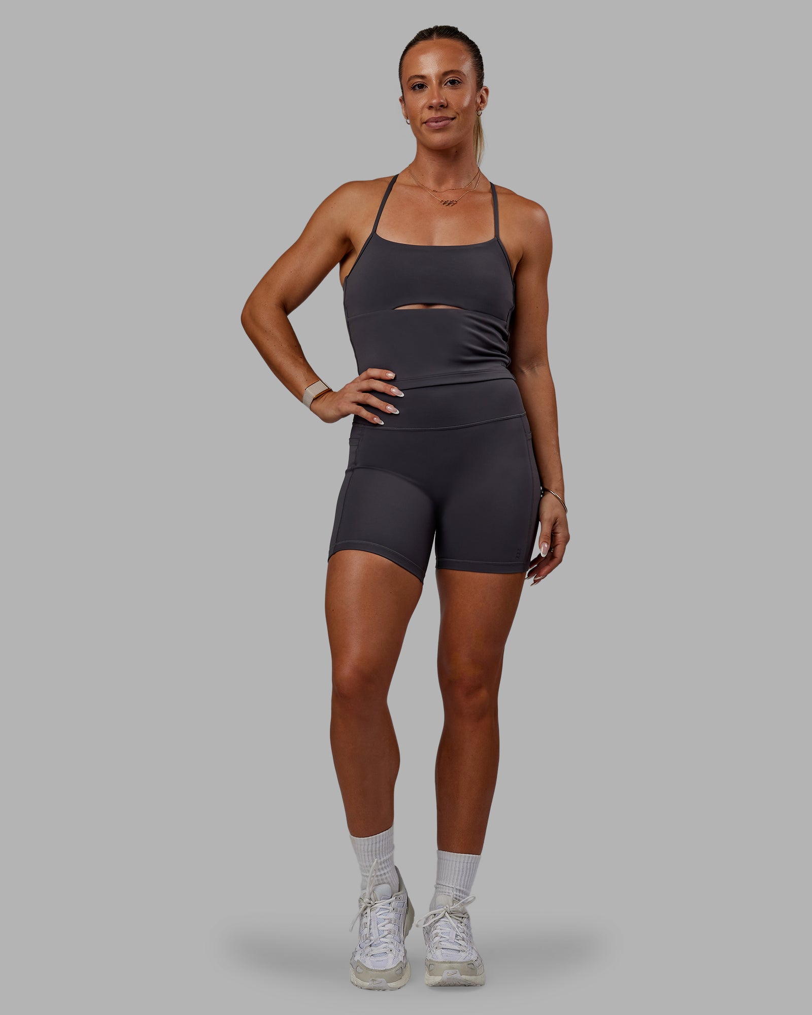 Woman wearing Bree Masters Fusion Ultra High-Rise 6" Short Pockets - Stormy