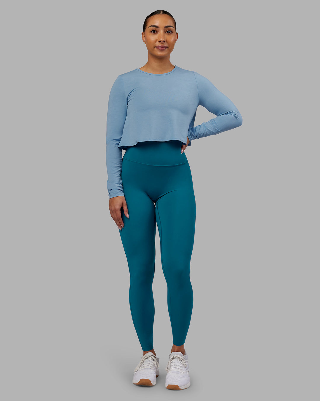 Woman wearing Breeze Long Sleeve Training Tee - Glacier Lake | Model:Ayla | Size:S - view 2