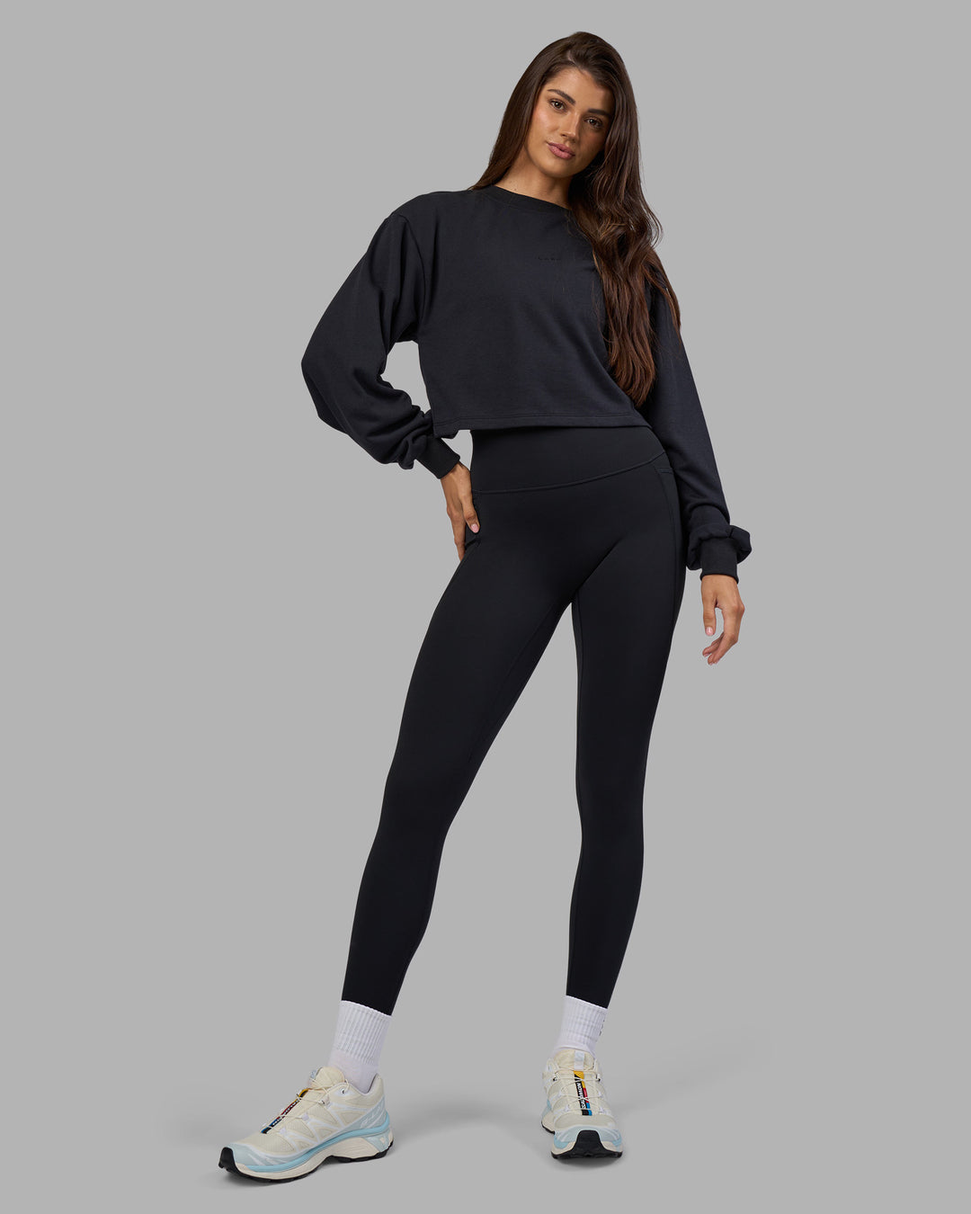 Woman wearing Breeze Open Back Sweater - Black-Black | Model:Phoebe | Size:S - view 1