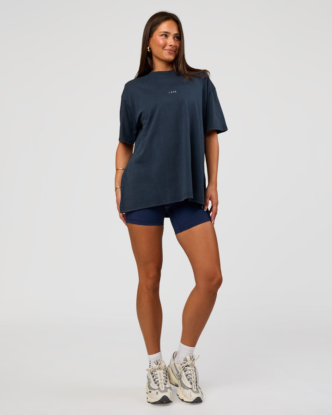 Woman wearing Built On Values Oversized Washed Tee - Future Navy Washed-White | Model:Bianca | Size:S - view 2