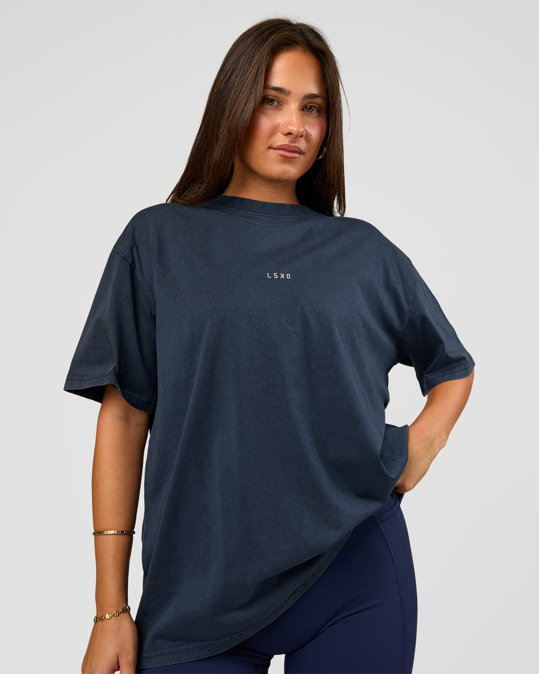 Woman wearing Built On Values Oversized Washed Tee - Future Navy Washed-White | Model:Bianca | Size:S - view 3