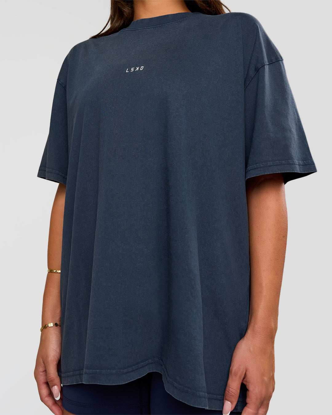Woman wearing Built On Values Oversized Washed Tee - Future Navy Washed-White | Model:Bianca | Size:S - view 4
