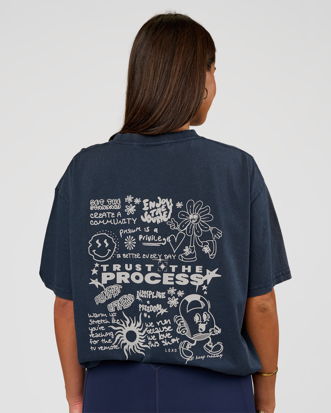 Woman wearing Built On Values Oversized Washed Tee - Future Navy Washed-White | Model:Bianca | Size:S - view 1