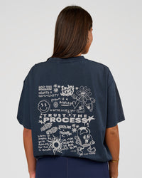 Woman wearing Built On Values Oversized Washed Tee - Future Navy Washed-White | Model:Bianca | Size:S | Thumbnail Index: 0