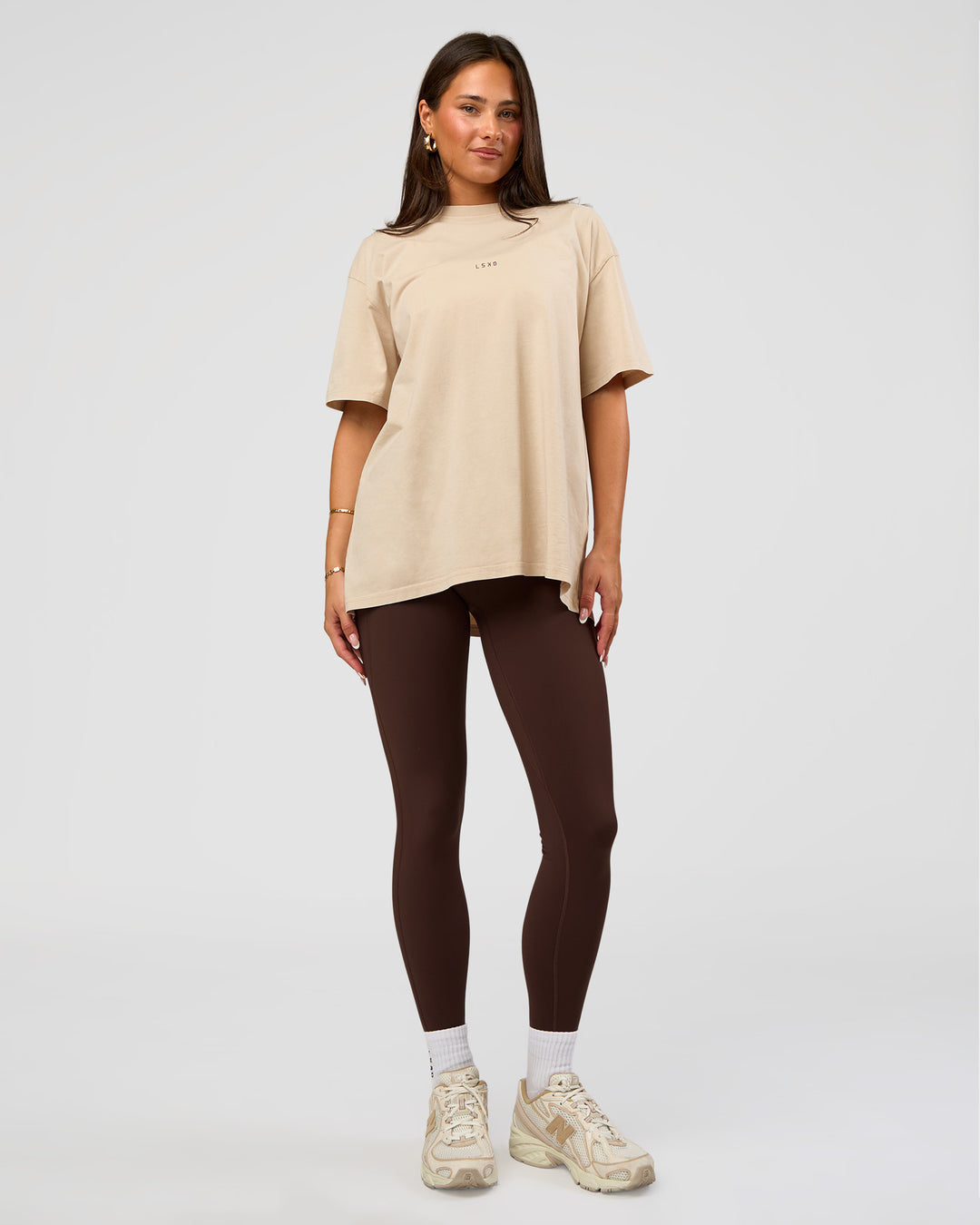 Woman wearing Built On Values Oversized Washed Tee - Shale Beige Washed-Hot Chocolate | Model:Bianca | Size:S - view 5