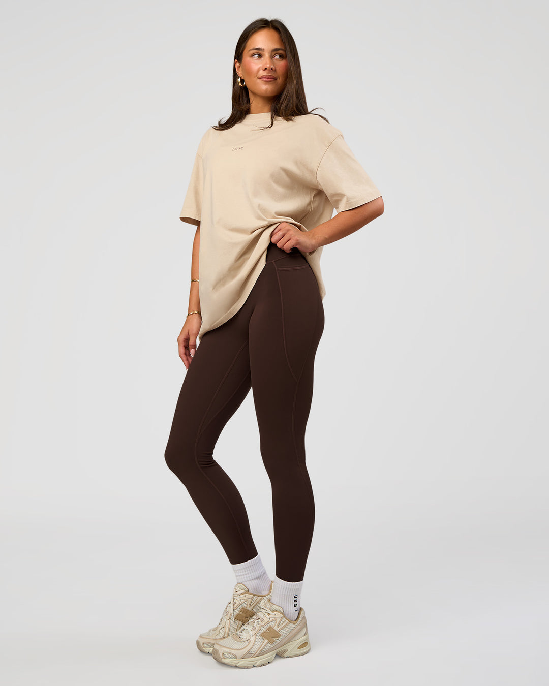 Woman wearing Built On Values Oversized Washed Tee - Shale Beige Washed-Hot Chocolate | Model:Bianca | Size:S - view 3
