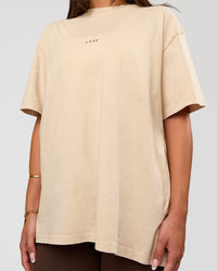 Woman wearing Built On Values Oversized Washed Tee - Shale Beige Washed-Hot Chocolate | Model:Bianca | Size:S | Thumbnail Index: 3