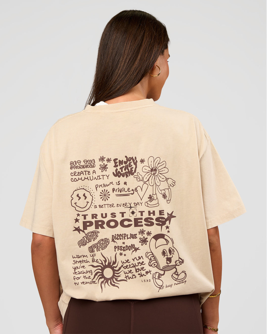 Woman wearing Built On Values Oversized Washed Tee - Shale Beige Washed-Hot Chocolate | Model:Bianca | Size:S - view 1