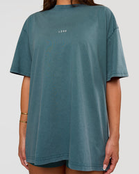 Woman wearing Built On Values Oversized Washed Tee - Transformative Teal Washed-White | Model:Bianca | Size:S | Thumbnail Index: 4