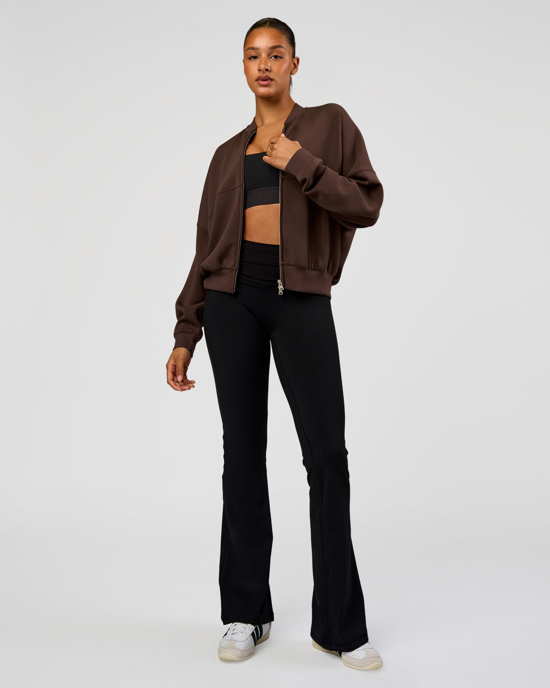 Woman wearing CF Elevate SoftTouch Bomber - Hot Chocolate | Model:Rosie | Size:S - view 10